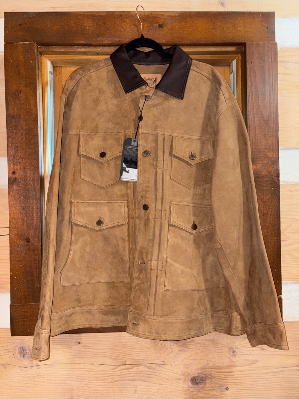 Men's Suede Field Jacket with Dark Contrast Collar - Tan